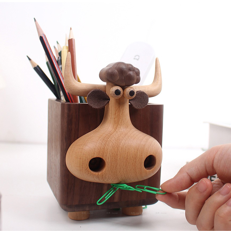 Pen Holder Magnetic - Cute Bull Shaped Wooden Pen Holder